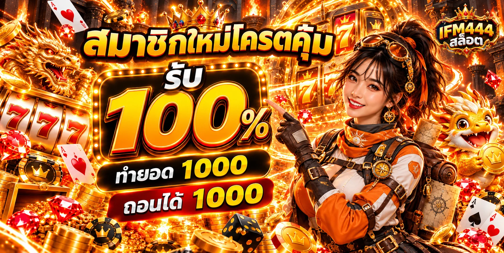แบนเนอร์ IFM444 สล็อตพร้อมตัวละครนักสำรวจและวงล้อเกม